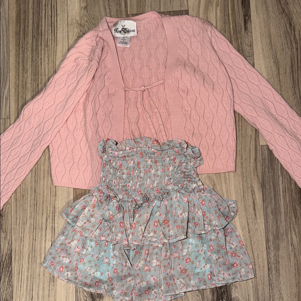 Pink Cable Knit Cardigan with Floral Ruffle Skirt
